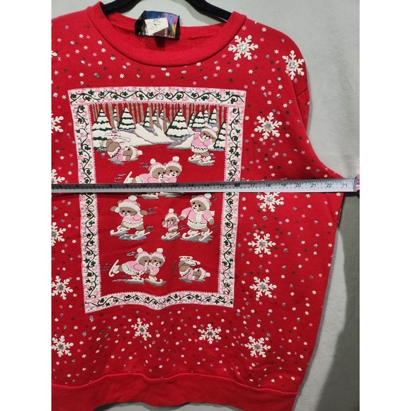 Vintage 80's Red Christmas Holiday Sweatshirt Skating Bears Winter Puff Paint LG - Picture 4 of 8